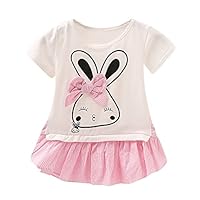 Lookvv Infant Baby Toddler Girl Dress Floral Brushed Rabbit Bowknot Skirt Short Sleeve Spliced Dress 6-12 Months Pink