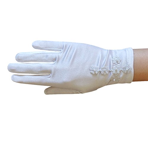 ZaZa Bridal Girl's White Satin Gloves with Daisy Flowers Cross & Pearls -Girl's Size Medium (8-12yrs)