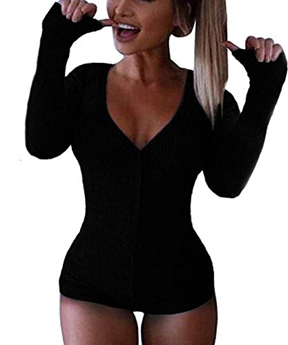 Roselux Women's Sexy Deep V Neck Shorts Long Sleeve Knitted One Piece Bodysuit Bodycon Rompers Overall(Black,M)