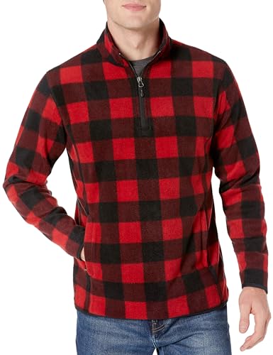 AMAZON ESSENTIALS MEN’S QUARTER-ZIP POLAR FLEECE JACKET – DISCONTINUED COLORS, BLACK RED BUFFALO CHECK, X-SMALL