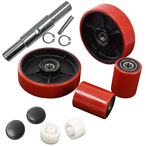 Pallet Jack/Truck Full Set RED with Back Axle, Steering Wheels 7"x 2" Pair, Front Load Roller 2.75" x 3.75" Pair with Bearings ID 20mm Poly Tread Red with Entry Exit Roller and Protective Caps