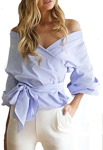 Womens Deep V Neck Off Shoulder Bow Waist-tie Ruffle Bell Sleeve Blouse Top Shirts