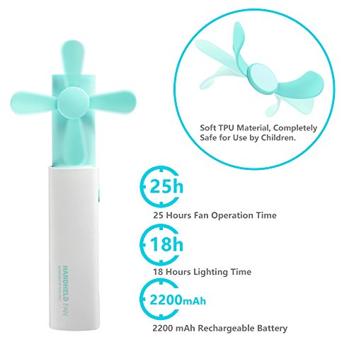 Portable Handheld Personal Fan Rechargeable Battery Operated Fan Quiet Foldable with 2200mAh Power Bank & Led Flashlight, 15-25H Long Working Time for Hot Summer Travel Shopping Outdoor Sports (Green) - Thumbnail 5