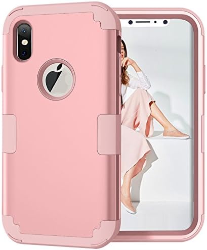 iPhone X Case, Mupoo Three Layer Heavy Duty Shockproof Drop Protection Hybrid Hard PC Case Soft Silicone Impact Defender Full-Body Protective Cover for Apple iPhone X 5.8 inch Rose Gold