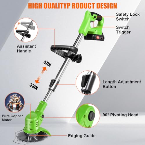 Electric Weed Wacker Cordless with Wheels,24V Electric Weed Eater 3-in-1 Grass Trimmer/Brush Cutter/Edger, 2pcs Batteries&3 Types Blades, Lightweight, Low Noise for Thick Weeds&Yard Garden