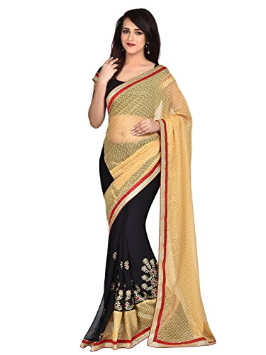 Shonaya Women's Embroidered Georgette Chiffon Beige Half & Half Saree With Unstitched Blouse Piece