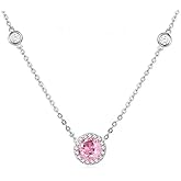 DIAMANTIO Sterling Silver Necklace with Pink Cubic Zirconia – Elegant Round Halo Pendant Jewelry for Women