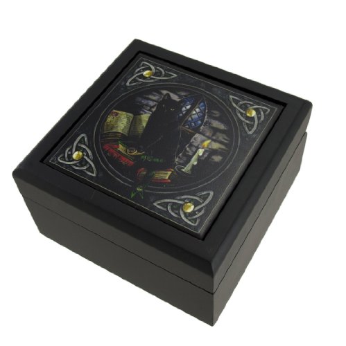 Lisa Parker 'Black Cat and Spell Books` Art Tile Trinket Box