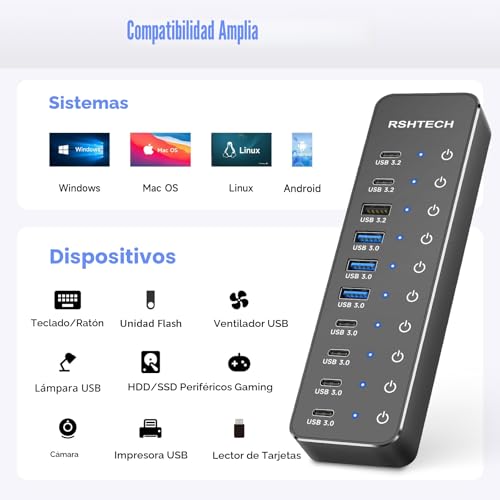 USB Powered Hub, RSHTECH 10 Ports USB 3.2/USB C Hub with 3X 10Gbps Data Port (2C+1A), 7X 5Gbps 3.0 Ports (4C+3A), Power 12V/5A 60W, Single Switches USB HUB, RSH-ST10C-6