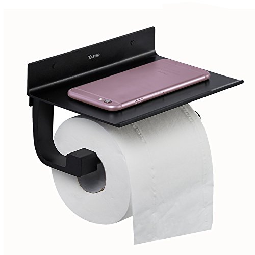 YAZOO Wall Mounted Toilet Paper Holder Black Stainless Steel Roll Holder With Mobile Phone Storage Shelf Adhesive Bathroom Accessories (Black-Two ways install)