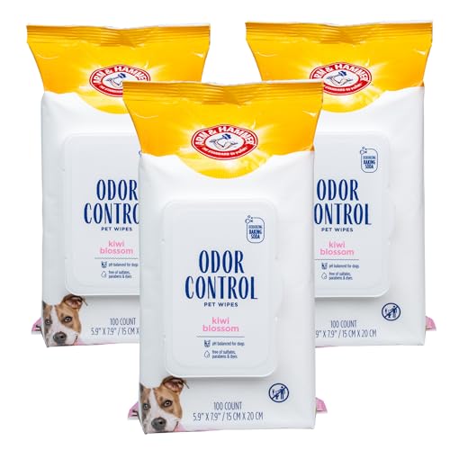 ARM & HAMMER FOR PETS ODOR CONTROL WIPES FOR DOGS, BEST ODOR ELIMINATING WATERLESS CLEANING FOR DOGS & PUPPIES | KIWI BLOSSOM SCENT, 100 COUNT – 3 PACK