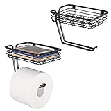 mDesign Metal Wall Mount Toilet Tissue Paper Roll Holder and Dispenser with Storage Shelf for Bathroom Storage - Wall Mount, Holds and Dispenses One Roll - 2 Pack - Matte Black