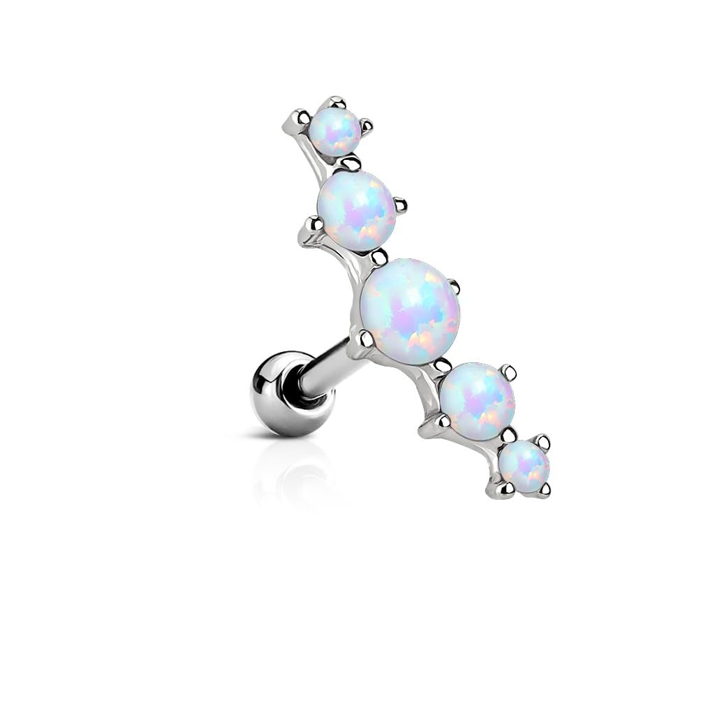 PiercedOff 316L Surgical Steel Externally Threaded Cartilage Barbell with Five White Synthetic Opals - Thickness : 16GA (1.2mm) / Length 6mm / Ball 3mm / Top Length 19mm