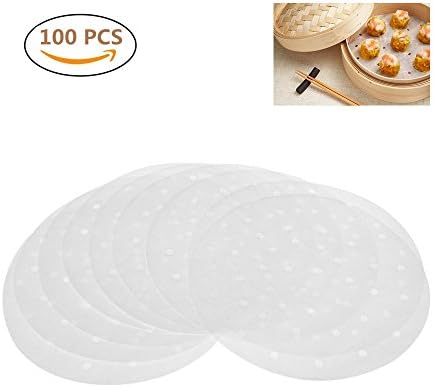 100Pcs Perforated Parchment Paper Bamboo Steamer Liners Round Non-stick Steamer Mat for Air Fryer, Steaming Basket, Cooking, Vegetables, Rice, Dim Sum, 9 Inch