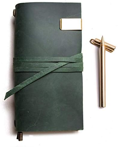 Genuine Leather Travelers Notebook + Copper Pen, Handmade Journals for Men and Women Refillable Planner,Travel to Write in,Lined Paper, Retro Accessories (Green, Standard Size)