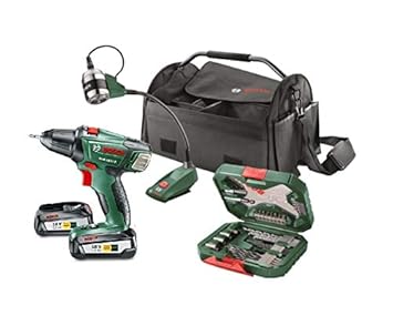 Bosch Akku-Bohrschrauber PSR 18 LI-2 Triple Bag (Inhalt PSR 18 Li-2 + 2 x 2,5Ah 18v Li-Ion Akkus + 34tlg. X-Line Classic Set 