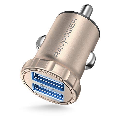 Car Charger RAVPower 24W 4.8A Mini Dual USB Car Adapter with iSmart 2.0, Compatible with iPhone Xs Max XR X 8 7 Plus, Ipad Pro Air Mini and Galaxy S9 S8 Plus, Edge Note Series and More (Gold)