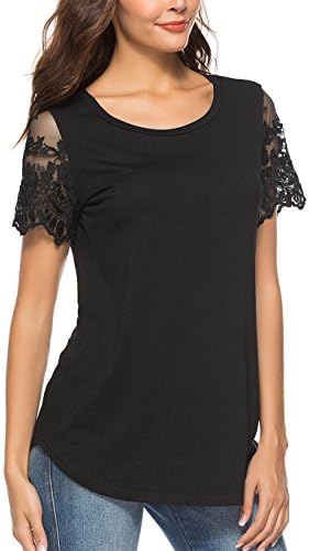koitmy Women's Lace Short Sleeve Round Neck T-Shirt Casual Blouse Tunics Tops