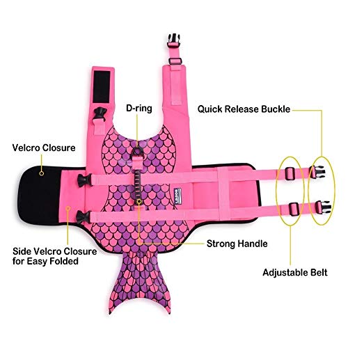 Queenmore Ripstop Medium Dog Life Jacket Fish Style Floatation Vest with Adjustable Soft Rubber Handle Pink Fish,M