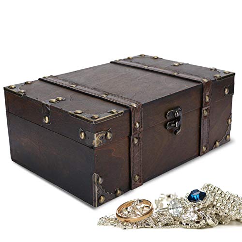 Vintage Wooden Storage Box, Pirate Treasure Chest Storage Box, Vintage Decorative Treasure Jewelry Chest with Lock Home Decoration for Living Room Bedroom 23.5 x 16 x 9.5cm
