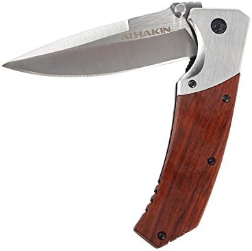 Pocket Knife Folding Knife with Wood Handle, Steel Blade and Liner Lock, Perfect for Outdoor and Everyday Carry ALHAKIN