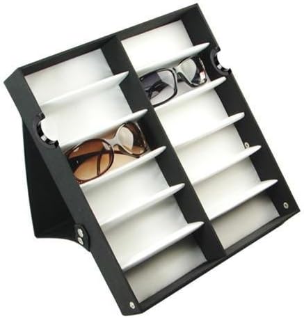 Ikee Design Small/Medium 12 Compartment Eyewear Shades Case Organizer Box for Eyeglasses, Sunglasses, Watches, Jewelry with Cover Lid, 12 3/4''W x 14 1/4''D x 2 1/4"H