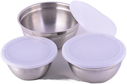 Cuissentials Stainless Steel Mixing Bowls Kitchen Deep with Plastic Lids Set of 3 Prep Bowls Fine Dining 6 Pieces Flat Base Sizes 3/4, 1.25, 1.5 Quarts Qt