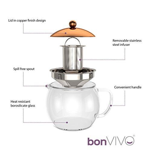 bonVIVO Teapot Tempa Teebereiter Mit Herausnehmbarem Edelstahl-Sieb, 1,5 Liter Kupfer-Chrom kanne Aus Borosilikat, Hitzebeständig, Mit Deckel In Kupfer-Chrom-Look, Tea Infuser – Bild 6