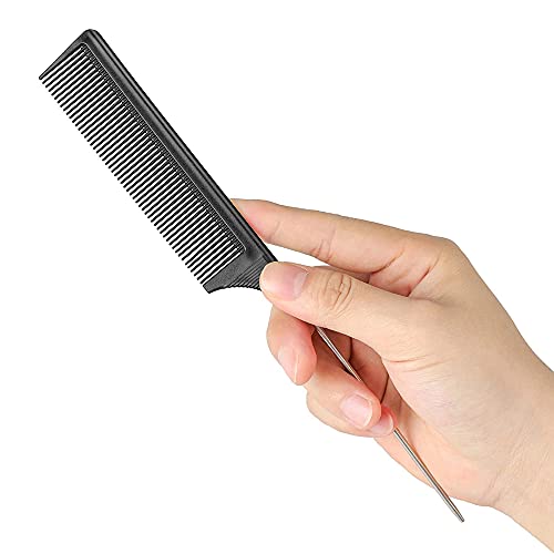 3 Packs Rat Tail Comb Steel Pin Rat Tail Carbon Fiber Heat Resistant Teasing Combs with Stainless Steel Pintail (Black)