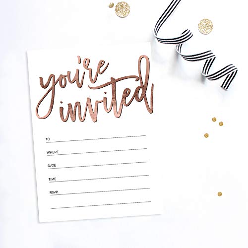 25 Rose Gold You're Invited Fill-In Party Invitations and Envelopes, Faux Rose Gold Texture, For Bridal Shower, Rehearsal Dinner, Birthday Party, Anniversary, Graduation