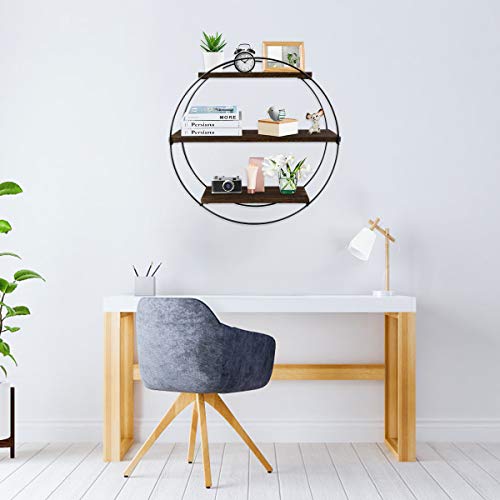 Floating Wall Shelves, Befayoo Rustic Decor Geometric Wood Shelf for Bedroom, Living Room, Bathroom, Kitchen, Office (Round, Retro Brown)