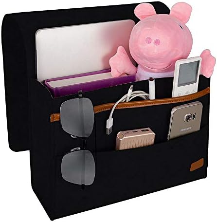 ECZO Bedside Caddy, Bed Caddy Storage Organizer Home Sofa Desk Felt Bedside Pocket with 3 Small Pockets for Organizing Tablet Pad Magazine Books Phone Chargers and More Gadget （Black
