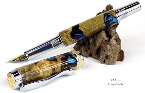 Handmade Wood Fountain Pen Buckeye Burl Stabilized Hybrid Black / Turquoise Pearl Chrome 22 kt Gold Made in USA