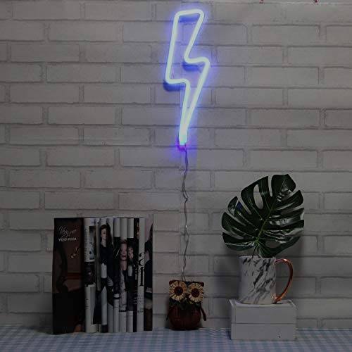 Neon Night Light Blue Lightning Bolt Battery and USB Powered Wall Art LED Decorative Lights for Living Room Man' Cave Games' Room Party Decoration(NELNBB)