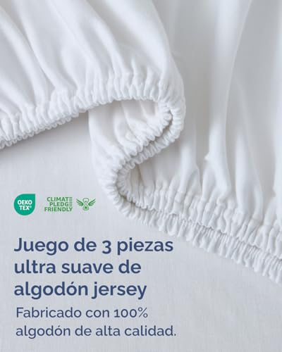 Jersey Fitted Sheet Cotton 180 x 200 cm White + 2 Pillowcases 80 x 80 cm – Pack of 3 – 100% Cotton – Terry 40 cm / 16 Inches – Soft, Wrinkle and Hypoallergenic – Oeko-Tex Standard 100 Certified