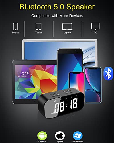 AFK Alarm Clock for Bedroom/Office,Digital Clock with Bluetooth Speaker,Small Alarm Clock for Heavy Sleepers Adults/Teens with Dual Alarms,Mirror LED Display,Hands-Free Calling.(12H Format,Upgraded)