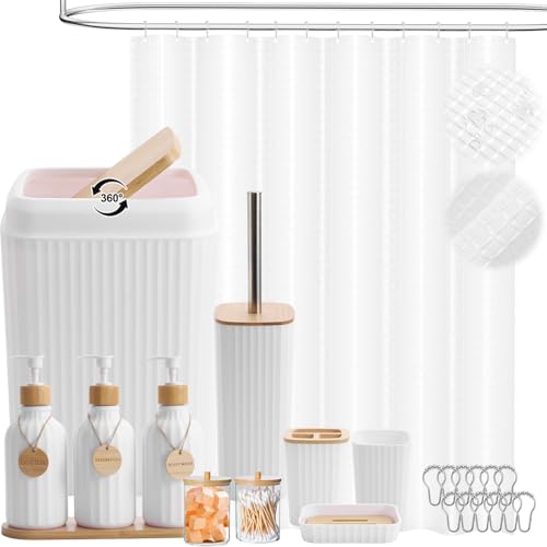 18PCS Bathroom Accessories Set with White Waffle Shower Curtain,Trash Can,3PCS Lotion Soap Dispenser, Toothbrush Holder, Soap Dish,Tumbler Cup,6PCS Wood Tags Bath Accessories with Tray for Bathroom