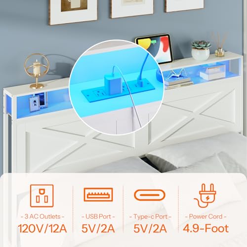 HOOBRO Full Size Bed Frame, Bed Frame with Charging Station and LED Lights, Headboard with Shelves, Heavy Duty Metal Frame, Noise-Free, Easy Assembly, No Box Springs Needed, White WT01UDBF01
