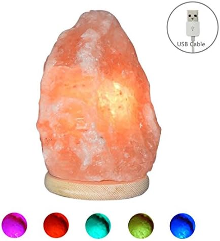 ESOW USB Salt Lamp with White Wooden Base Multi Color Changing Small Air Purifier about 5 Inches 1.5 lbs No Installation Required Great Decor For Office Home Hotel Yoga, Relaxing