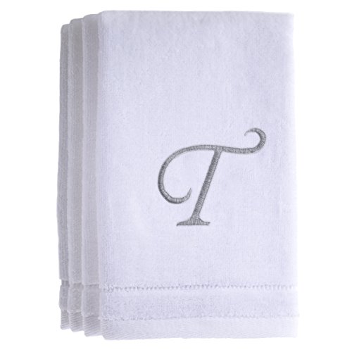 Monogrammed Towels Fingertip, Personalized Gift, 11 x 18 Inches - Set of 4- Silver Embroidered Towel - Extra Absorbent 100% Cotton- Soft Velour Finish - For Bathroom/ Kitchen/ Spa- Initial T (White) - Thumbnail 7