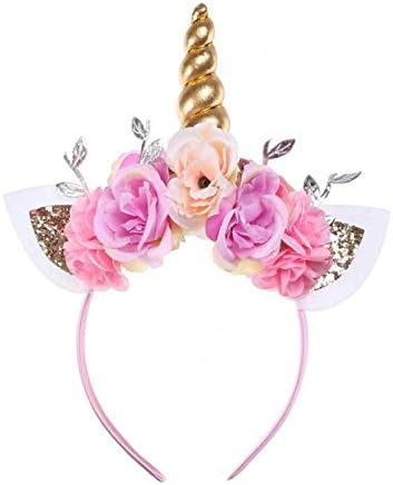 United Unicorns Mermaid Unicorn Cat Ears Girls Headband Tiara (Unicorn Pink Floral Gold Horn) (Unicorn Pink Floral Gold Horn)
