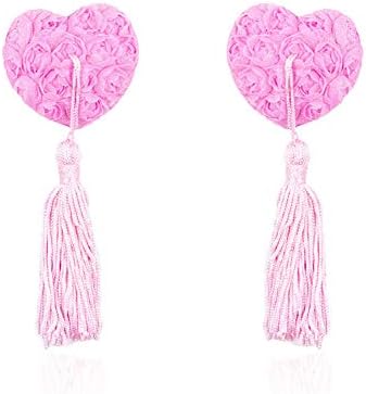 1 Pair Sexy Breast Paste with Tassels Heart-Shaped Woman Rose Magic Bra Self Adhesive Reusable Lifting Bra Cups Strapless Soft Silicone Bra Nipple Covers Bra Stickers Pink