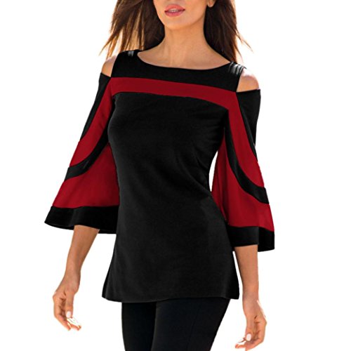 Paymenow Women Cold Shoulder Tops Casual Flare Sleeve Splice Pullover Tops Slim Fit (Red, XXL) - Thumbnail 3
