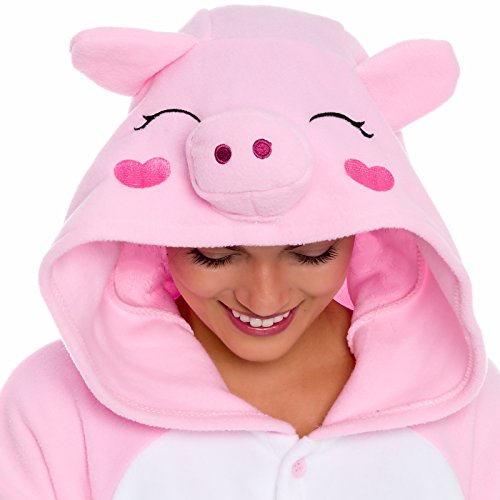 Silver Lilly Unisex Adult Pajamas - Plush One Piece Cosplay Pig Animal Costume (Pink, Medium) - Thumbnail 3