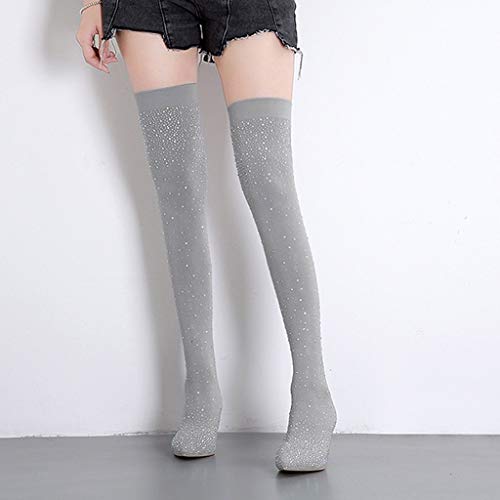 Fainosmny Women Sexy Nightclub High Heels Shoes Drill Elastic Boots Pointed Stockings Over-The-Knee Boots Shoes Gray