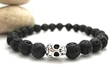 Lava Rock and Carved Silver Metal Skull Mens Energy Bracelet