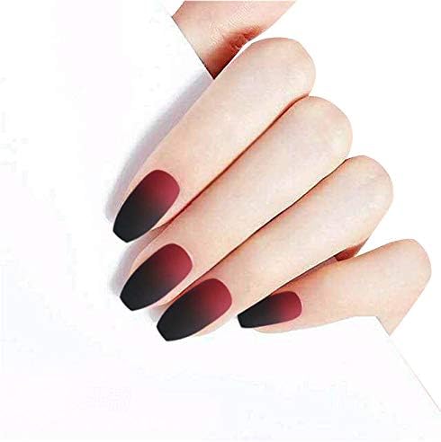 JINDIN 24 Sheet Matte Fake Nails Coffin Shaped False Nails Full Cover Black Red Finger Nails Art Tips for Women Girls
