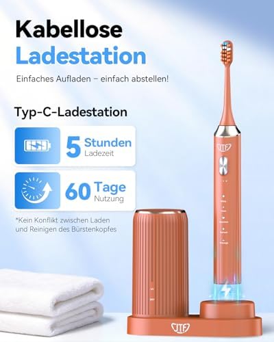Elektrische Schallzahnbürste mit UV Reinigung und Trocknung Kabellose Ladestation, 5 Reinigungsmodi, 6 Ersatzbürstenköpfe, Spülbecher, Wiederaufladbar für Zuhause und Reisen (Orange)
