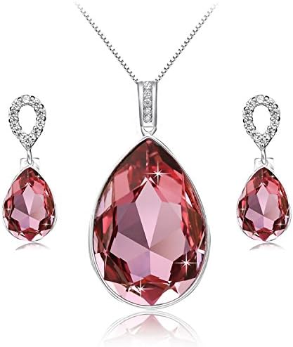 JOLICE Rose Teardrop Pendant Necklace Dangle Earrings Sterling Silver Swarovski Crystal Jewelry Set