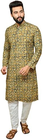 Mens olive green kalamkari cotton long ethnic indian asian kurta for men (ONLY KURTA)